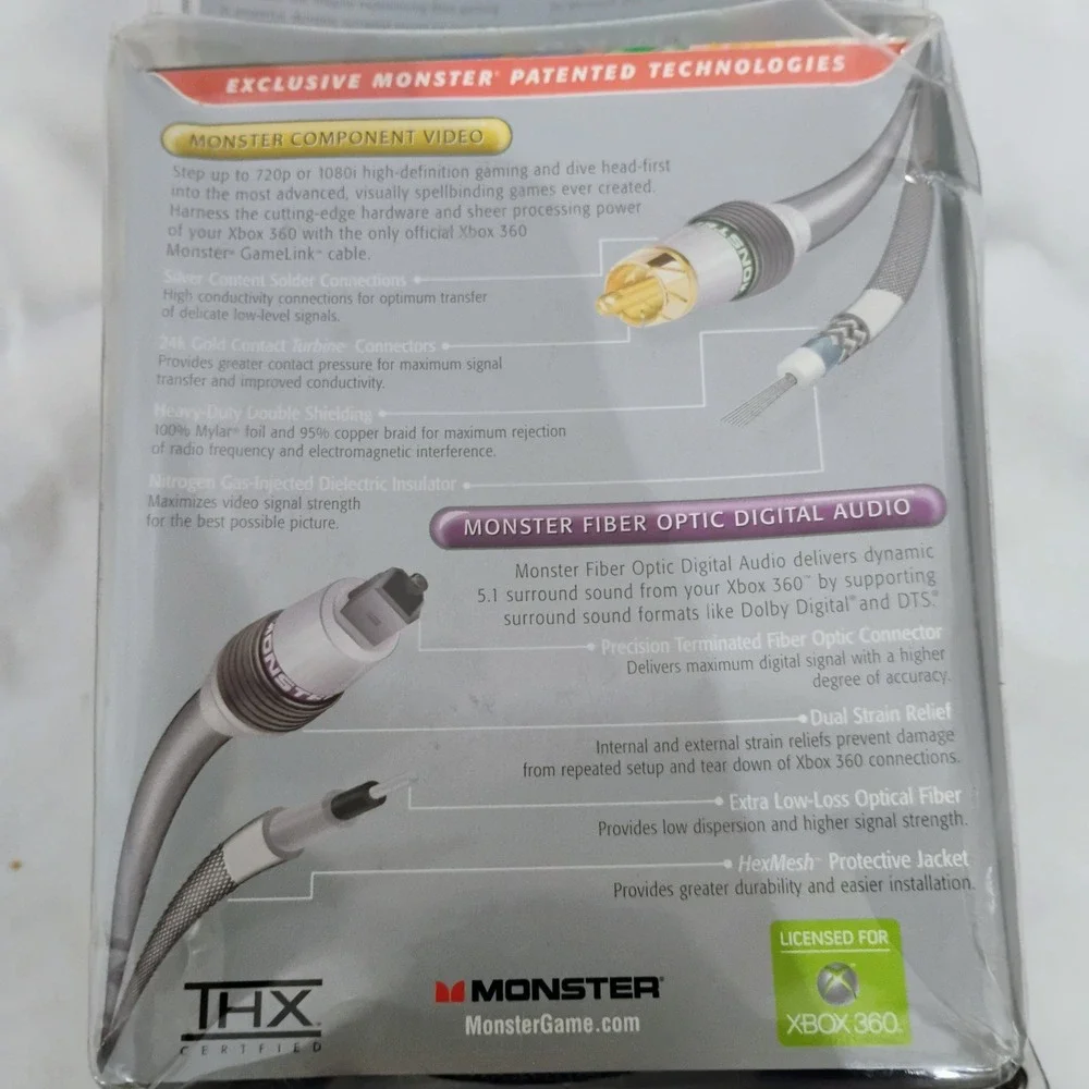 Monster Game GameLink Xbox 360 Component Video Fiber Optic Audio Cable THX